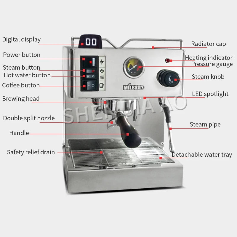 EM-18 Household Coffee Machine Italian Semi-Automatic Coffee Machine Stainless steel Espresso 9Bar Coffee machine 220V