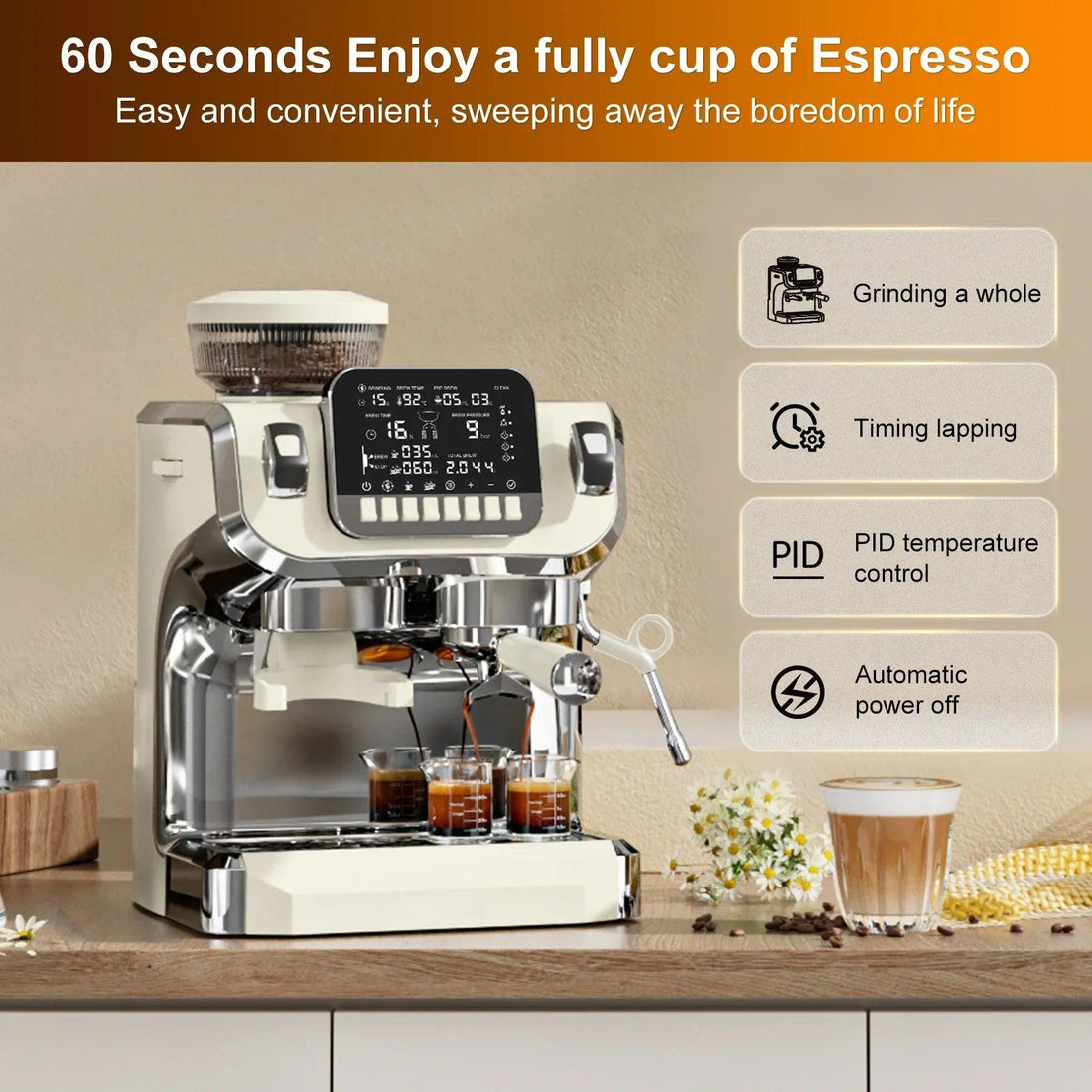 Mcilpoog TC520 Semi Automatic Coffee Machine with Grinder &amp; Steamer, 6-Inch Large Display, Coffee Maker for  Home and Office.