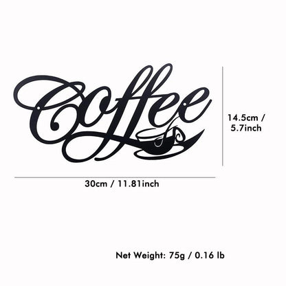 The COFFEE Metal Word Cafe Wall Sign from Costa Rica Coffee Friends is a stylish piece of wall art featuring the word &quot;Coffee&quot; in black cursive font alongside a stylized coffee cup illustration. Measuring 30cm (11.81 inches) wide and 14.5cm (5.7 inches) tall, this decorative sign is an ideal addition to any home or bar, weighing just 75g (0.16 lb).