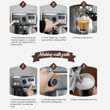 20Bar Semi Automatic Espresso Coffee Machine Temperature Adjustable 58mm Electric Portafilter Cold/Hot Coffee