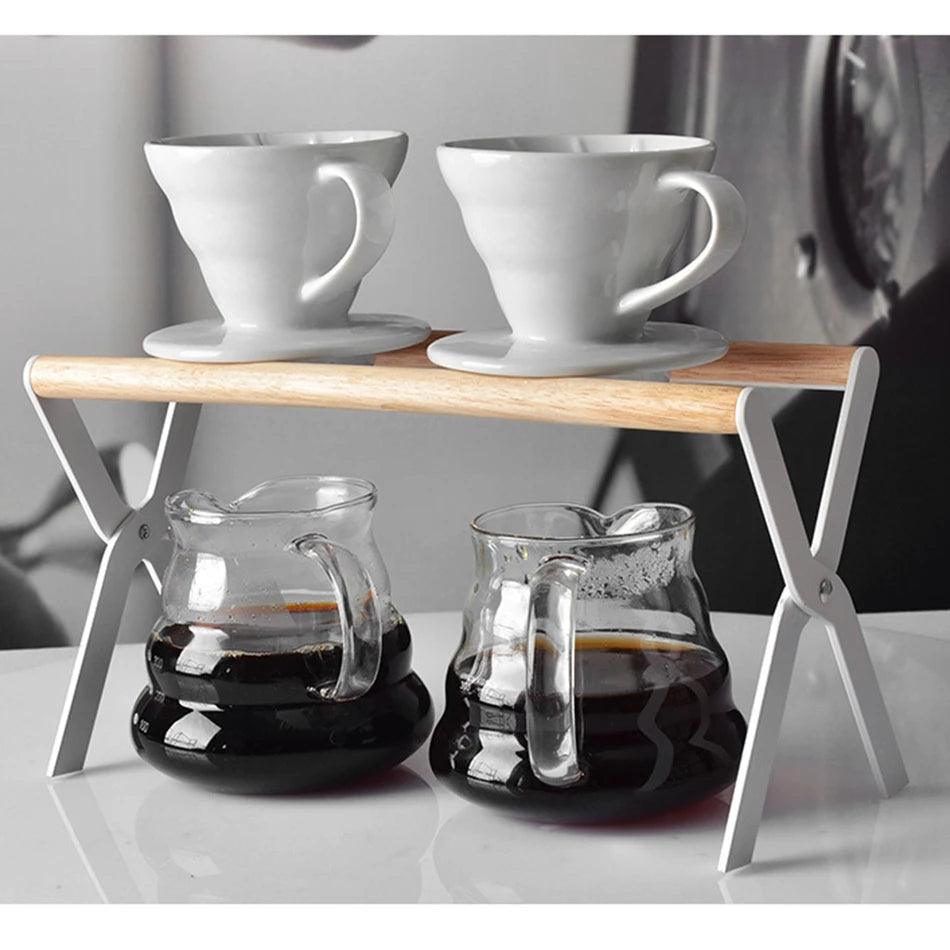 Espresso Filter Holder Coffee Dripper with Wood Stand Hand Coffee Filter Holder Dripper Pot Rack Holder Stand Coffee Accessory