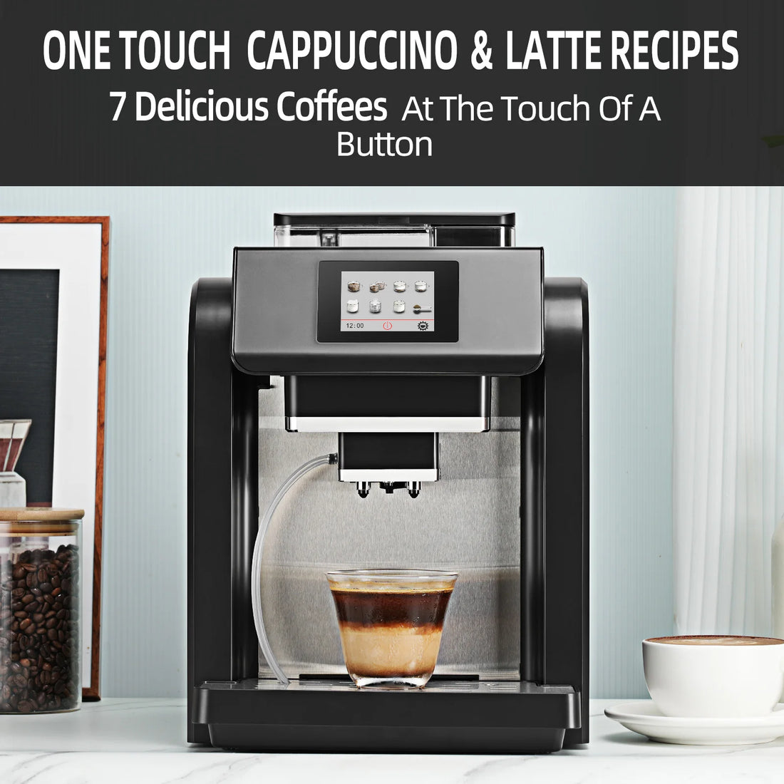 Mcilpoog ES317 Fully Automatic Espresso Machine with Milk Frother,Intuitive Touch Display ,7 Flavors for Home,Office,and More.