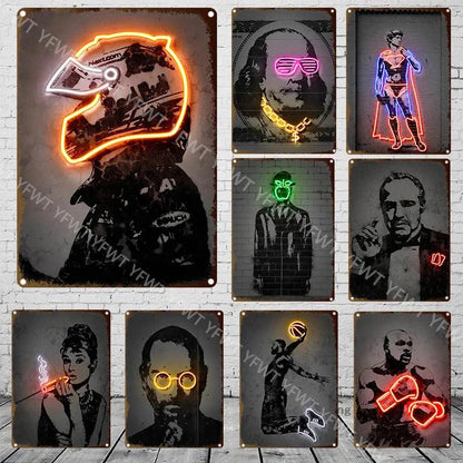 Neon Effect Athlete Motorcycle Racer Boxer World Famous Painting Metal Tin Sign Bar Coffee Shop Living Room Bedroom Decoration