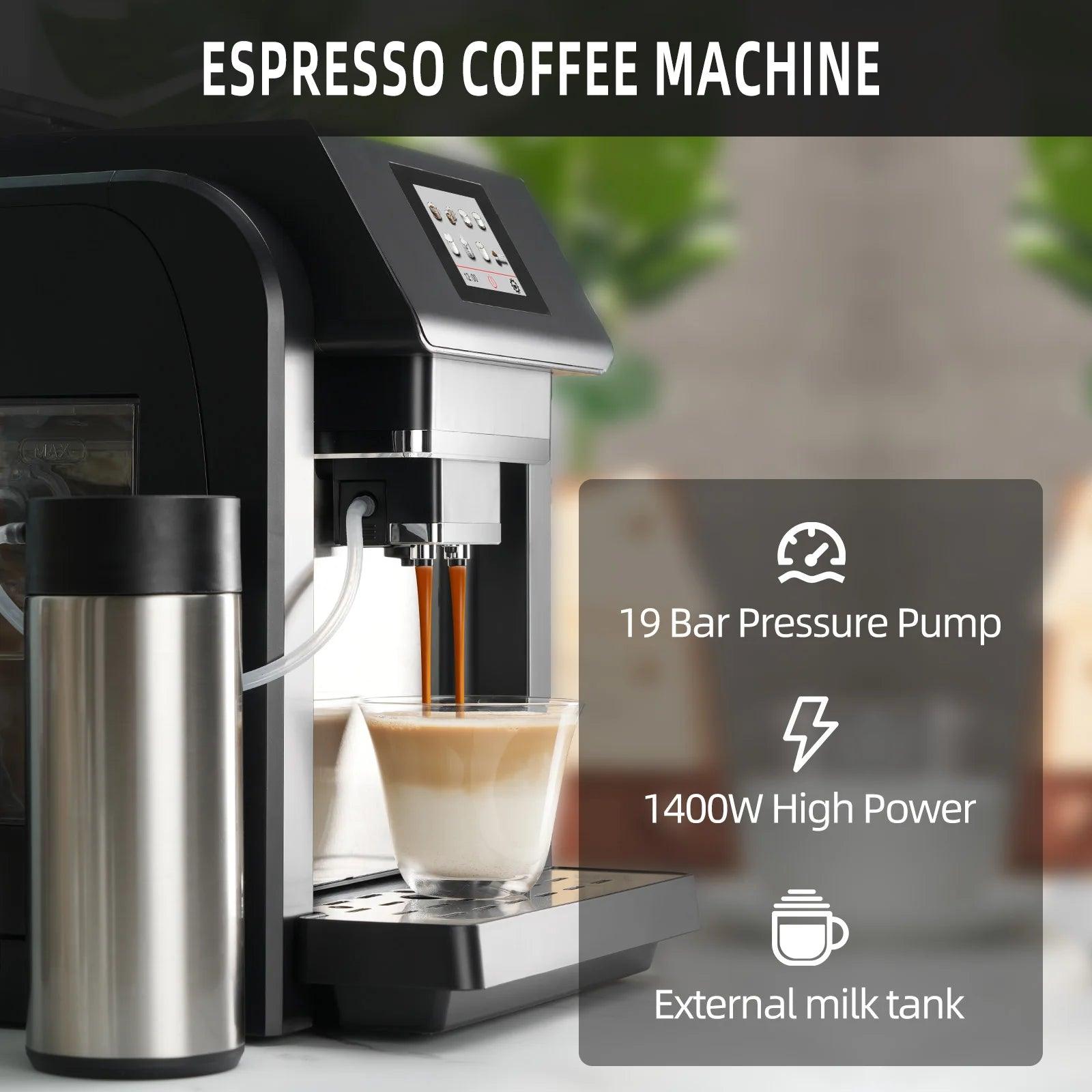 Mcilpoog ES317 Fully Automatic Espresso Machine with Milk Frother,Intuitive Touch Display ,7 Flavors for Home,Office,and More.