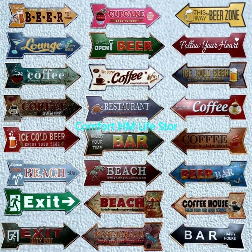 Irregular Arrow Shape Tin Sign Metal Plate Indicator Coffee Tea Shop Bar Hanging Sign Indoor Wall Decoration Iron Plaque 16x45cm