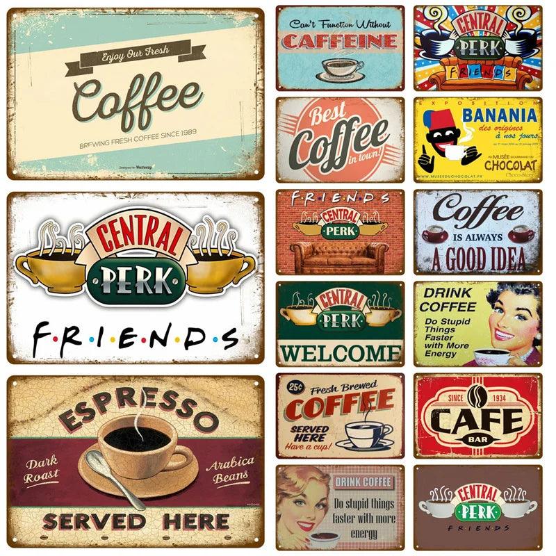 A perfect rectangle-sized collage composed of retro-style signs advertising coffee and a fictional café named &quot;Central Perk,&quot; featuring various coffee-related slogans, vintage artwork, coffee cups, and images of coffee beans. The signs evoke a nostalgic and cozy café atmosphere with touches of retro furniture. This piece is titled &quot;Vintage Plaque Metal Sign Plate Home Decor Coffee Tin Sign Retro Wall Art Posters For Kitchen Bar Iron Painting Decoration Cafe&quot; by Costa Rica Coffee Friends.