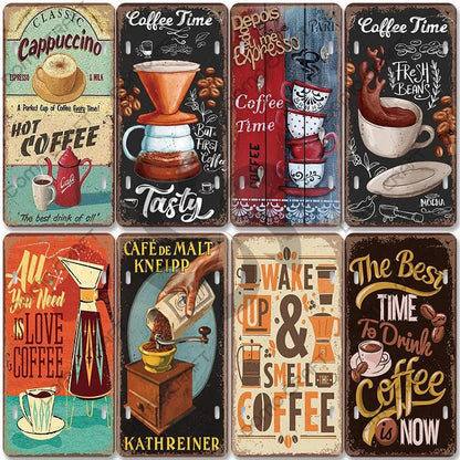 Coffee Poster Vintage Metal Tin Signs Cappuccino Coffee Bean Cup License Plate Wall Decor Cafe Bar Dining Room Home