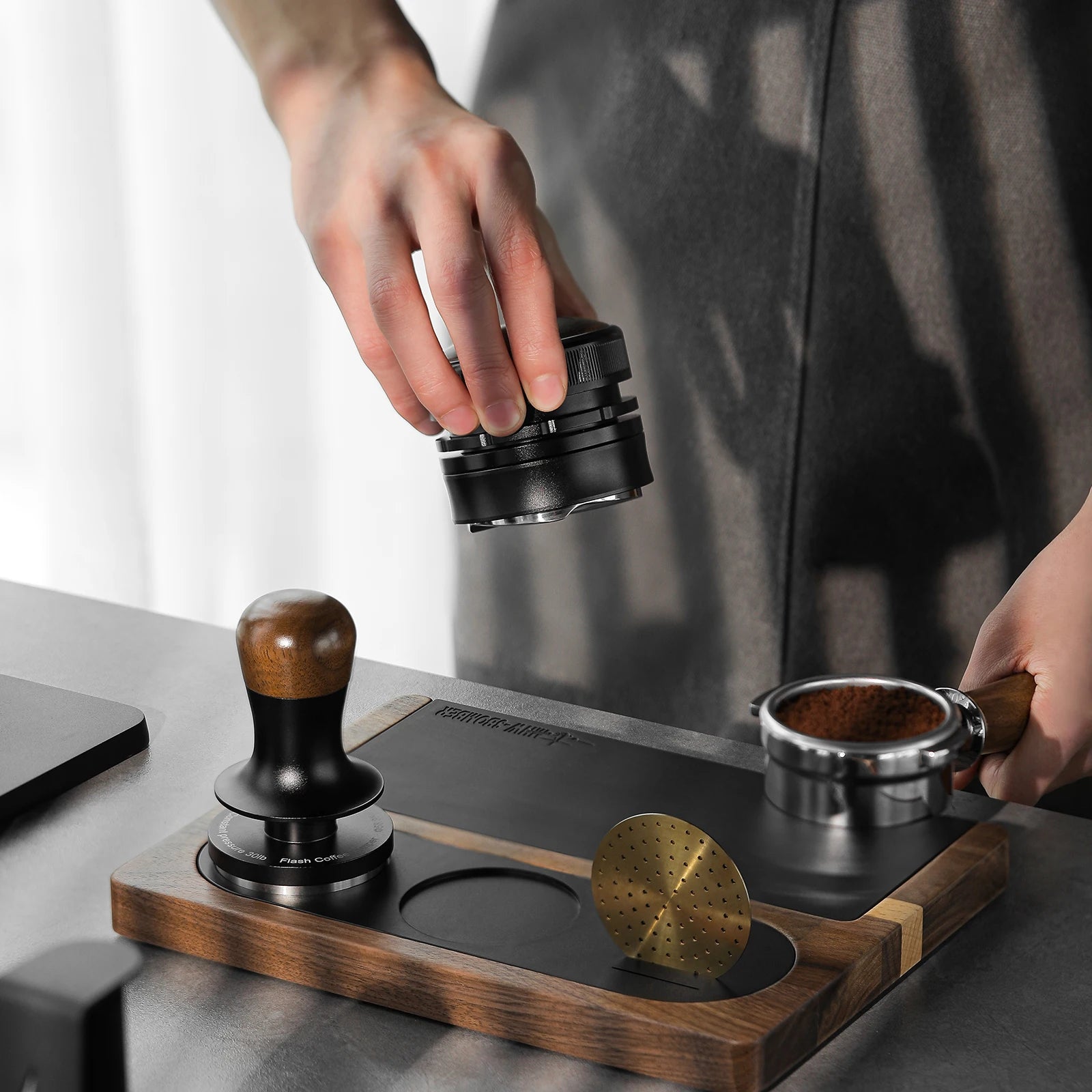 MHW-3BOMBER Coffee Tamping Station Wooden Silicone Espresso Tamper Mat for 51-58mm Portafilter Home Barista Coffee Accessories