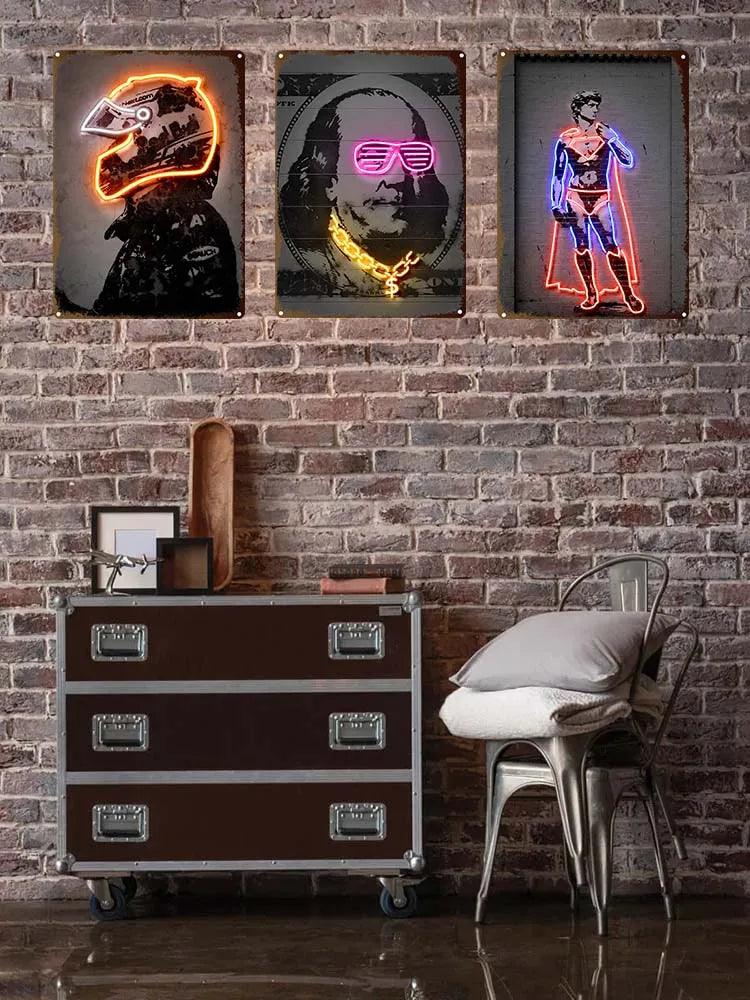 Neon Effect Athlete Motorcycle Racer Boxer World Famous Painting Metal Tin Sign Bar Coffee Shop Living Room Bedroom Decoration